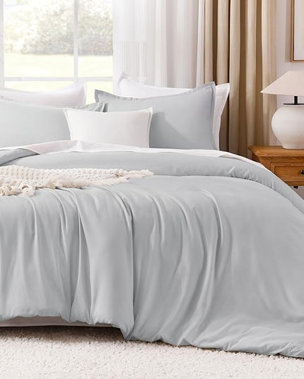 Litanika Light Grey Comforter Queen Size, 3 Pieces Lightweight Solid Bedding Comforter Set, All Season Fluffy Bed Set (90x90In Comforter & 2 Pillowcases)