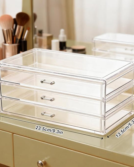 Acrylic Drawers Stackable Clear, 9.3 X 5.3 X 4 Inch Stackable Makeup Organizer Acrylic 3 Drawer Storage Organizers Clear Stationery Organizer for Dresser, Bathroom, Vanity, Countertop