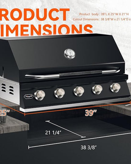 Hygrill 40-Inch Built In Grill for Liquid Propane, Stainless Steel Outdoor Kitchen 5-Burner Grill Head, Black