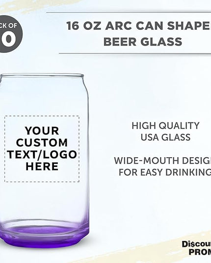 Custom Beer Can Glasses Set of 10, 16 oz. Pint Sized, Promotional Text, Logo, Soda Can Shape, Glassware, Purple