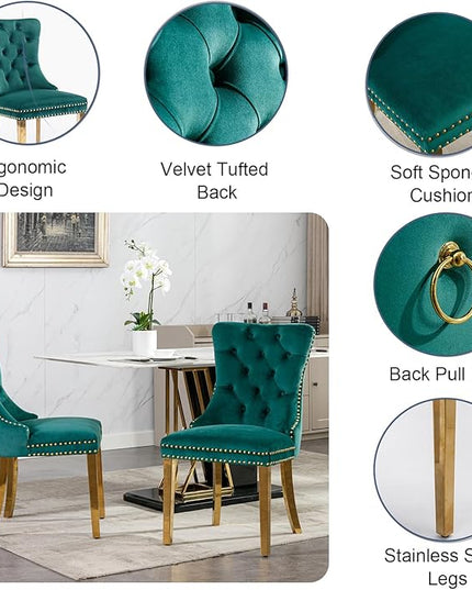 Glass Dining Table Set for 2, Square 36" Dining Table with Gold Cross Metal Leg, 2 Green Velvet Dining Chairs with Stainless Steel Legs, Modern Glass Kitchen Table and Chairs Set for Small Space