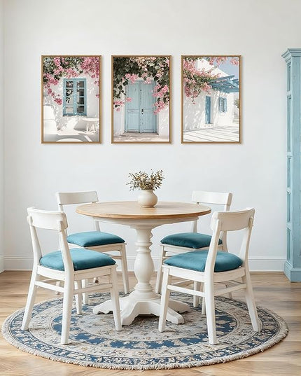 HOURIA Modern Greek Island Cityscape Framed Canvas Wall Art Set,European White House Blue Door Shutter Landscape Wall Decor,Santorini Natural Pink Flower Artwork for Living Room, Bedroom-24 x36 x3