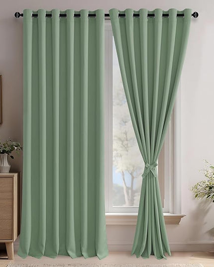 JIUZHEN Light Sage Blackout Curtains with Tiebacks Thermal Insulated, Light Blocking and Noise Reducing Grommet Curtains for and Living Room, Set of 2 Window Curtain Panels, 70 x 96 Inch Length
