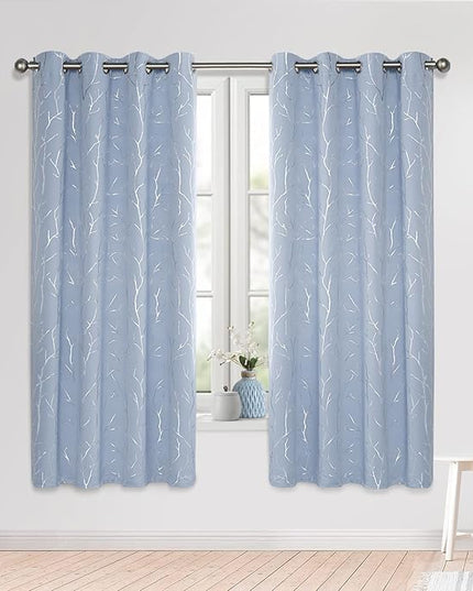 BUHUA Light Blue Curtains, Tree Branches Curtains, Light Blocking Energy Saving Window Curtain - 63 inch Long, Sliding Door Curtains 2 Panels, Baby Blue, 52W x 63L