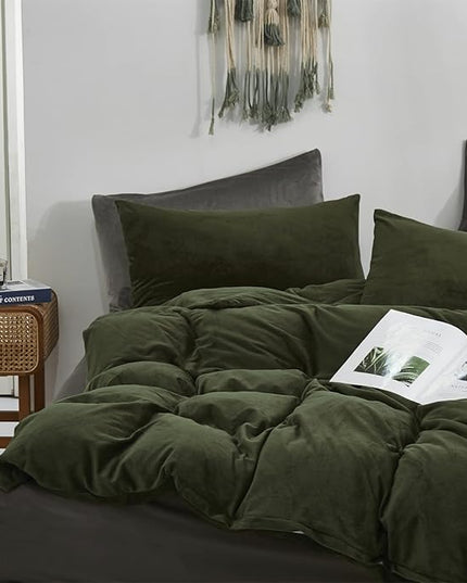 Luxlovery Army Green Velvet & Flannel Bedding - Twin Size Modern Winter Comforter & Blanket Set