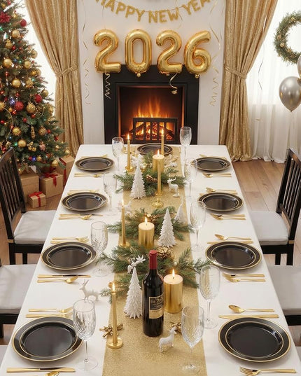 bUCLA 100 Pieces Black and Gold Plastic Dinner Plates - 10.25 inch Black Disposable Plates with Gold Rim - Ideal for Party, Graduation & New Year