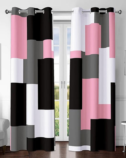 Pink 100% Blackout Curtains for Bedroom 84 inch Length 2 Panels Set Black Grey Modern Abstract Geometric Black Out Curtains Insulated Room Darkening Window Drapes for Living Room, 42Wx84L