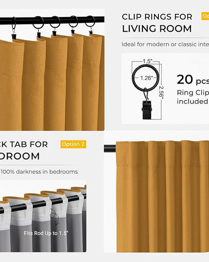 INOVADAY 100% Blackout Curtains for Bedroom, Black Out Curtains 102 Inch Long, Clip Rings Linen Blackout Drapes, Thermal Insulated Room Darkening for Living Room, 2 Panels - Mustard Yellow,W50xL102