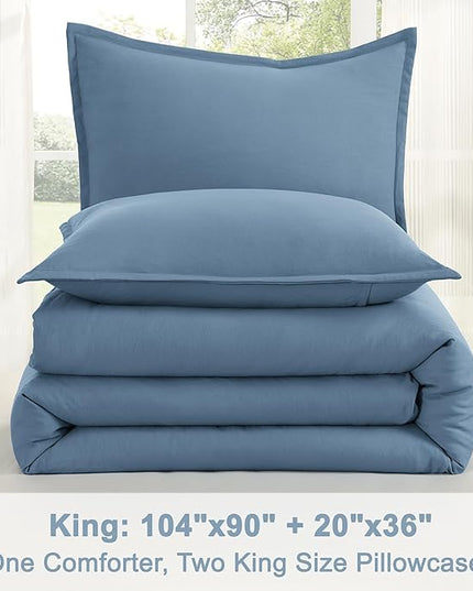 Litanika King Comforter Set Grayish Blue, 3 Pieces Lightweight Solid Bedding Comforter Set, All Season Fluffy Bed Set (104x90In Comforter & 2 Pillowcases)