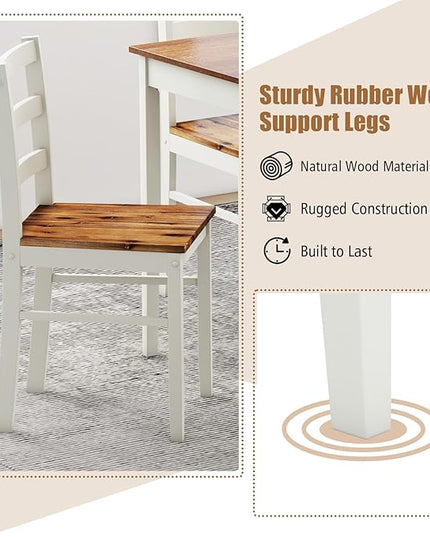 Tangkula Dining Table Set for 4, Solid Wood, Farmhouse Dinette Set w/Rubber Wood Legs, Mid-Century Modern, Compact Dining Table and Chairs Set for Kitchen, Dining Room (Brown+White)