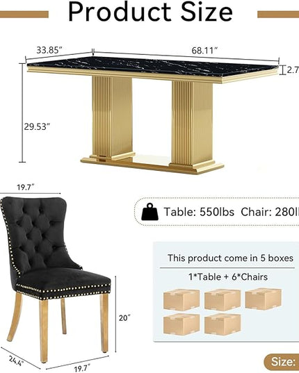 HomVent 68.11'' Faux Marble Dining Table Set for 6, Modern Rectangle Kitchen Table Set with Faux Marble Table Top & Stainless Steel Base for Kitchen Dining Room