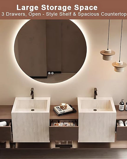 84IN Bathroom Vanity - Double Sink Bathroom Vanities with 3 Drawers, Include Smart Mirror with LED Lights & Defogging Function | Solid Wood Bathroom Cabinet with Open Style Shelves, Brown+Black