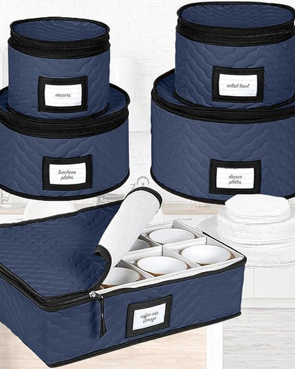 China Storage Containers 5-Piece Set Moving Boxes for Dinnerware, Glasses, Plates, Mugs and Saucers Sturdy Quilted Microfiber Dish Organizer with Dividers for Seasonal Storage - Holds Set of 12, blue