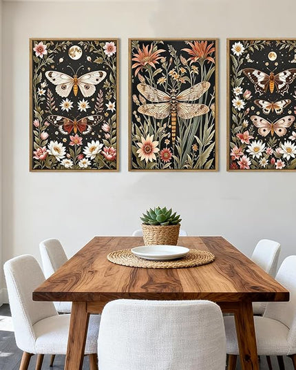 ANHUIB William Morris Wall Art 16x24 Inch Vintage Floral Wall Decor Framed Butterfly Dragonfly Prints Nature Botanical Animal Artwork Set of 3 for Living Room Bedroom Office