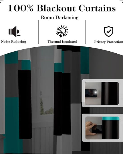 Teal/Turquoise 100% Blackout Curtains for Bedroom 63 inch Length 2 Panels Set Black White Grey Modern Abstract Geometric Black Out Curtains Room Darkening Window Drapes for Living Room, 52Wx63L