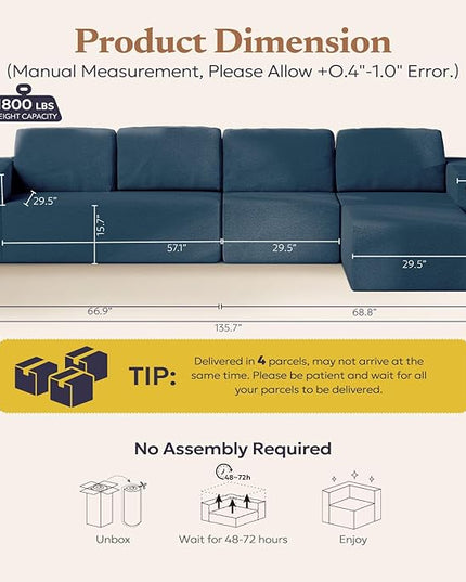 136" Modular Sectional Couch Left/Right Facing Convertible, L-Shape Modern Teddy Sofa, Deep Seat Upholstered Foam Couch for Living Room Bedroom, No Assembly Required (Blue, Teddy Boucle)