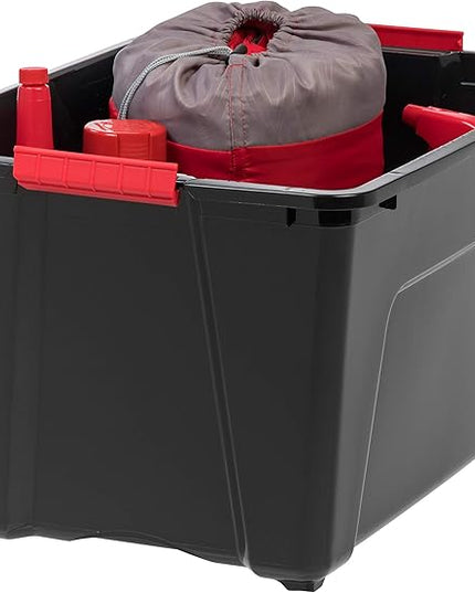 IRIS USA 51 L (54 QT) Plastic Storage Box with Lid and Latches - 4 Pack - BPA-Free, Garage Organizing Solution, Durable Nestable Stackable Containers, Secure Pull Handle - Black
