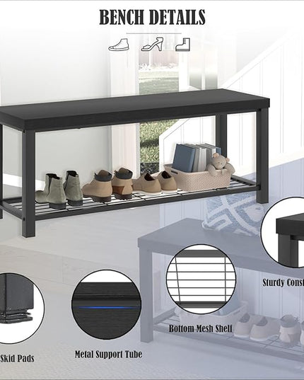 EXCEFUR Entryway Bench, Modern Wood and Metal Storage Bench for Hallway Front Door Entrance, Industrial Indoor Shoe Rack Bench Seat for Bedroom Living Room, 43.3 Inch Black
