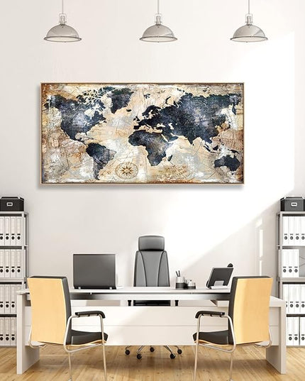 Tucai Decor Framed Wall Art World Map Wall Art Print Picture Decor Home Interior - Map Picture for Office Decor Travel Memory Nautical Map Canvas Artwork 20 x 40 inch Ready to Hang (Framed)
