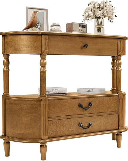 HMFULE Retro Curved Console Table, 43" Solid Wood Half Moon Console Table Entryway Table Sofa Table with Open Shelf Curved Corners 3 Drawers Pine Roman Legs for Living Room,Hallway,Entryway,Brown