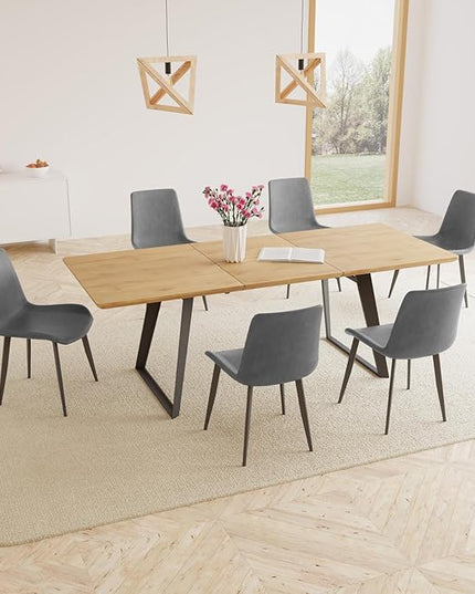 ZckyCine 63"-79" Expandable Dining Table Set for 6, Modern Oak Wood Table & 6 Grey Chairs – Extendable Dining Set for Kitchen & Dining Room