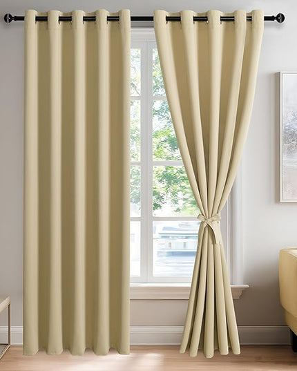 JIUZHEN Light Beige Blackout Curtains with Tiebacks - Thermal Insulated, Light Blocking and Noise Reducing Grommet Curtains for Bedroom and Living Room, 2 Window Curtain Panels, 60 x 84 Inch Length