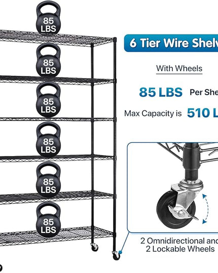 Dkeli 6-Tier Heavy Duty Metal Shelving Unit with Wheels | 48''D x 18''W x 82''H NSF Certified Adjustable Storage Rack | Commercial Grade Steel Wire Shelves for Garage, Pantry, Kitchen - Black