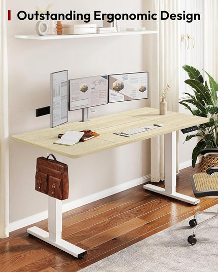 SANODESK Standing Desk Height Adjustable Electric Stand up Desk 63x32 Inches Sit Stand Home Office with Splice Board, White Frame/White Wood Grain