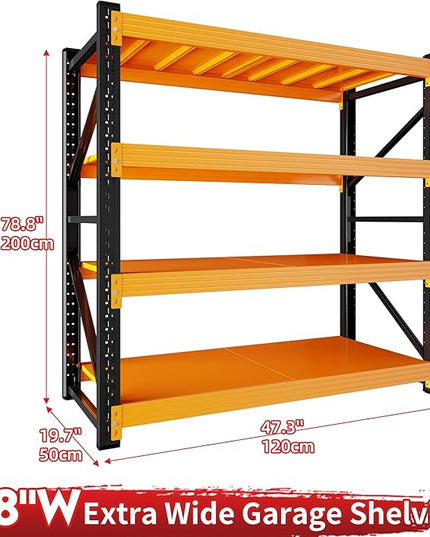 4000LBS Garage Shelving 48" W Garage Shelving Heavy Duty 4-Tier Metal Storage Shelves Adjustable Shelf Unit Storage Rack for Basement Supermarket Warehouse 48" W x 20" D x 78" H Black-Orange