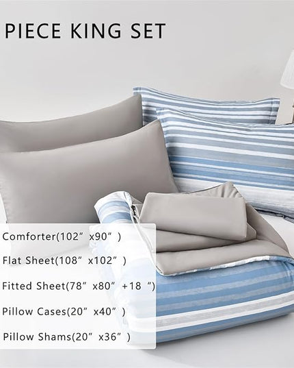 KAKIJUMN 7 Piece Bed in a Bag Stripe Comforter Set King Size, White Grey Blue Patchwork Striped Comforter and Sheet Set, All Season Soft Microfiber Complete Bedding Set(Light Blue,King)