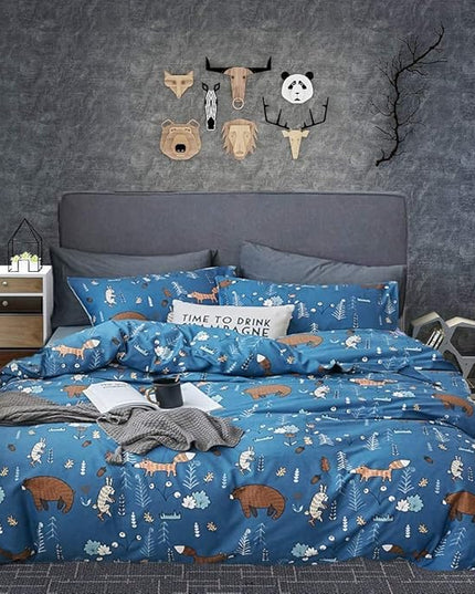 Houseri Blue Bear Comforter Sets Queen Boys Cartoon Bear Comforter Full Fox Rabbit Animal Bedding Sets Queen Teens Woodland Forest Comforter Sets Full Size 3 Piece Quilts Soft