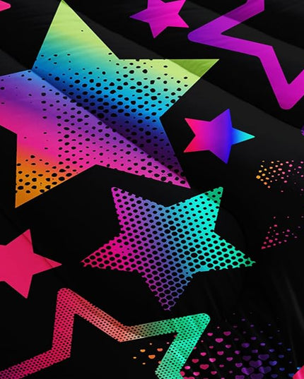 Kawaii Color Star Comforter Set Kids Bedroom Set,Neon Light Star Bedding Twin Size Comforter Sets for Boys Girls Room Decor,Aesthetic Bedding Sets with 2 Pillowcases.