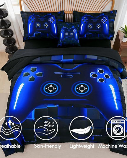 PERFEMET 6 Pieces Kids Game Comforter Set Full Size Blue Gamer Bedding Set for Boys Teen 3D Cool Black Video Gaming Bed in A Bag with Sheets(Blue, Full)