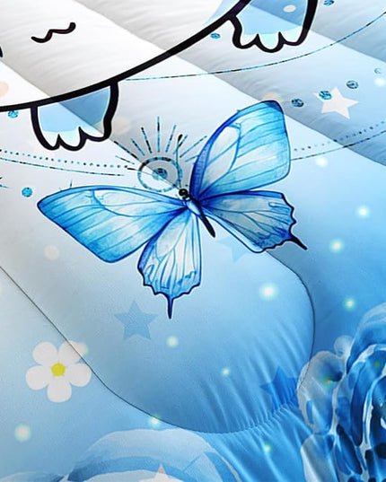 Cartoon Axolotl Bed Comforter & Bedding Set, Queen Size, Blue with Butterfly & Flowers Pattern, Includes 2 Pillowcases