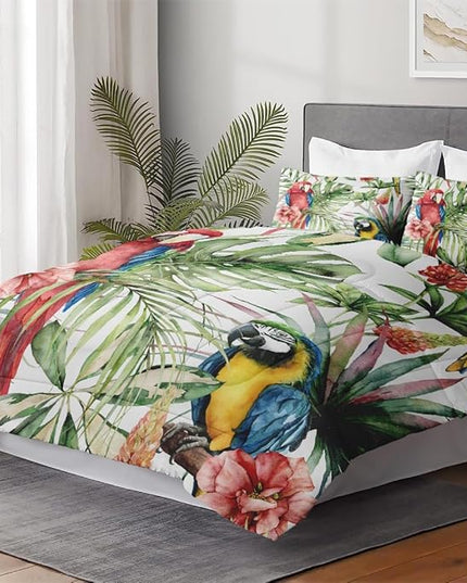 Queen Size Comforter Set with 2 Pillowcases, Tropical Hibiscus Birds 3 Pcs Bedding for Kids and Adults, Flower Palm Leaf Soft Comforter Set for Bedroom Bed Decor