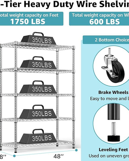 5-Shelf Storage Shelves,Wire Shelving Heavy Duty Metal Storage Shelving Unit Adjustable Garage Shelving Rack Pantry Kitchen (Chrome, 5 Tier,17.7" D x 47.2" W x 76.7" H)