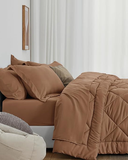 Love's cabin Full Comforter Set Mocha Mousse, 7 Pieces Full Bed in a Bag, All Season Bedding Sets with 1 Comforter, 1 Flat Sheet, 1 Fitted Sheet, 2 Pillowcase and 2 Pillow Sham