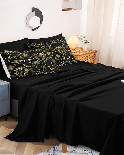 Merryword 8 Pcs Universe Bed in a Bag Sun and Moon Comforter Set California King Size Galaxy Bedding Black Gold Moon Star Pattern Bohemian Gothic Comforter Set