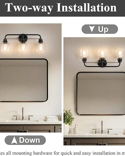 3 Light Matte Black Vanity Lights for Bathroom, Bathroom Light Fixtures Over Mirror with Clear Glass Shade, Ceramic E26 Sockets Wall Mounted