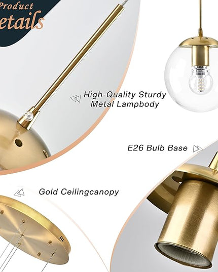 KoKo&Yukina 5-Light Globe Glass Pendant Light Adjustable Length Pendant Lights Modern Gold Clear Globe Glass Chandelier High Ceiling Lights Fixtures for Foyer Staircase Entryway (Bulb & Remote Incl.)