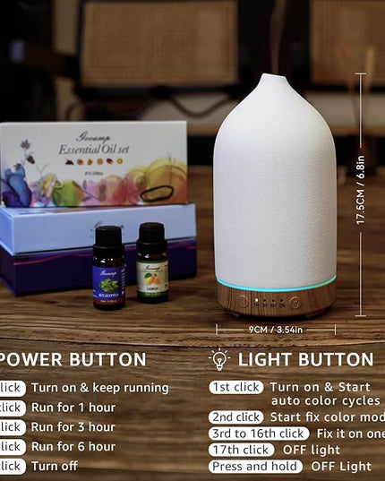200ML Ceramic Essential Oil Diffuser - Ultrasonic Aromatherapy & Humidifier with 7-Color LED Lights, Auto Shut-Off, Wood Grain Base, 1H/3H/6H Timer | Scent for Home, Office, Yoga