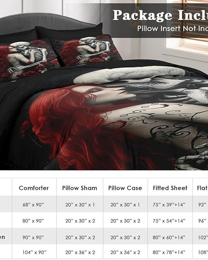Comforter Set Twin Size, Death Skeleton Black 5 Pcs Bedding for Kids and Adults, Lover Rose Bed Sheet Sets with Fitted Sheet Pillowcase & Sham for Bedroom Bed Decor