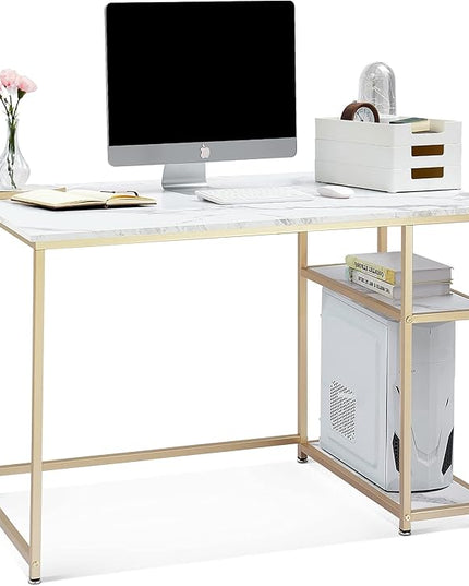 ivinta Computer Desk, Small Home Office Desk with Storage Shelves for Living Room, Bedroom, Office Whale (White and Gold, 44.8")