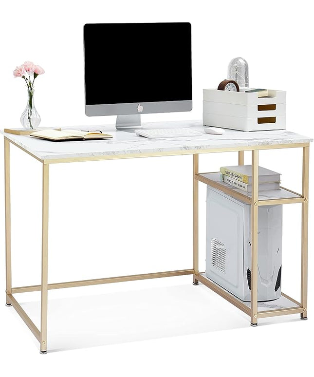 ivinta Computer Desk, Small Home Office Desk with Storage Shelves for Living Room, Bedroom, Office Whale (White and Gold, 44.8")