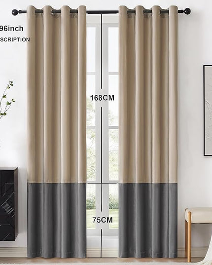 BULBUL Champagne Grey Color Block Window Curtains Panels 96 inches Long Velvet Farmhouse Drapes for Bedroom Living Room Darkening Treatment with Grommet Set of 2