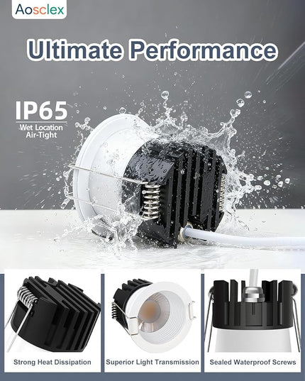 2 Inch 5CCT Anti-Glare LED Downlight with Jbox, IP65 Waterproof, 2700K-5000K Selectable, 8W 840LM CRI90+, Dimmable Canless Recessed Lights, ETL & FCC & Energy Star Rated（White, 12 Pack）