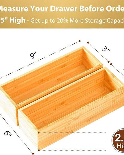 Umilife Bamboo Kitchen Drawer Organizer, Extra High Silverware Tray, Flatware Cutlery Storage Box, Multi-Use Holder in Office, Bathroom, Pantry - 9"x3"x2.5" (Set of 2)