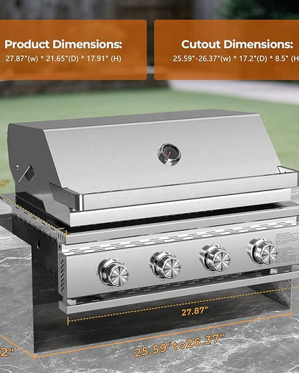 Premium Built In 4 Burner Propane Gas Grill, ALL-Thickened 304 Stainless Steel, 32,000 BTU with 516sq.in. Cooking Space, Baking Tray & Grates,for Patio Backyard Parties Barbecue