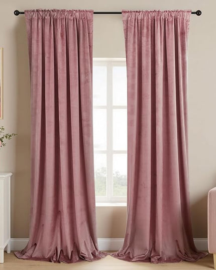 KOUFALL Dusty Rose Mauve Pink Velvet Blackout Curtains for Bedroom Nursery,Romantic Vintage Shabby Chic French Country Curtains for Living Room Black Out 96 Inches Long 2 Panels Set