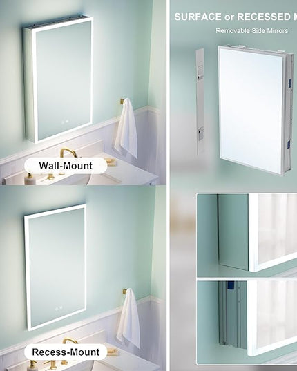 WELLFOR 20" X 30" Medicine Cabinet with Lights, 3X Magnification, Anti-Fog Mirrored Cabinet, Bathroom Vanity Medicine Cabinet with Outlets & USB Ports, Left Opening Door